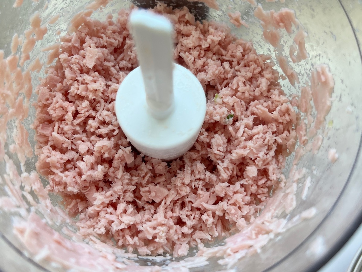 Deli ham chopped in a food processor.