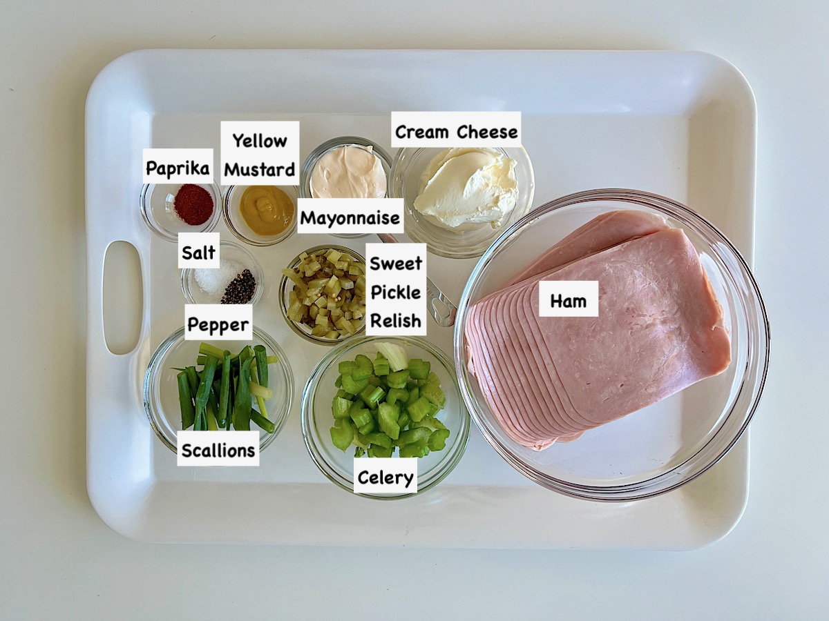 Ingredients used to prepare old fashioned ham salad laid out on a tray.