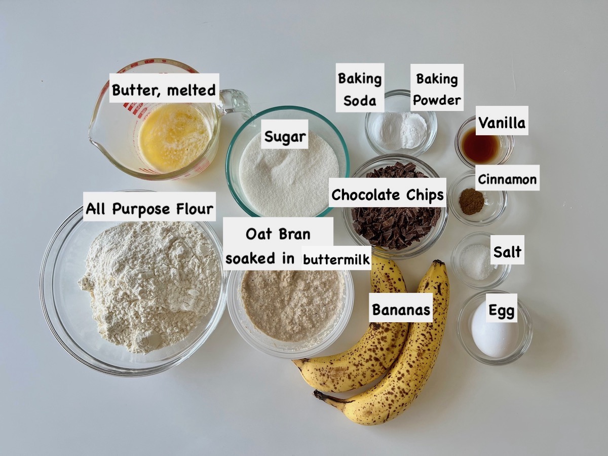 Ingredients shown are used to prepared grab n go oat banana chocolate chip muffins.