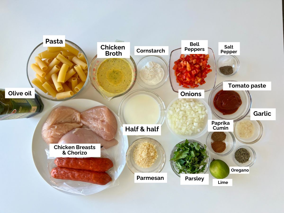 Ingredients shown are used to prepare Pasta with Chorizo and Chicken.