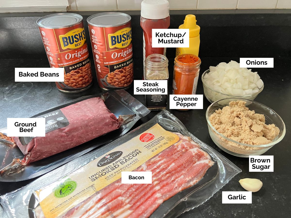 Ingredients shown are used to prepare baked beans with ground beef.