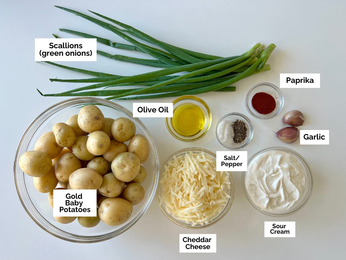 Ingredients shown are used to prepare cheesy smashed potatoes recipe.