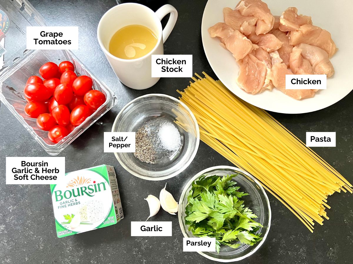 Ingredients shown are used to prepare Boursin Tomato Pasta with Chicken.