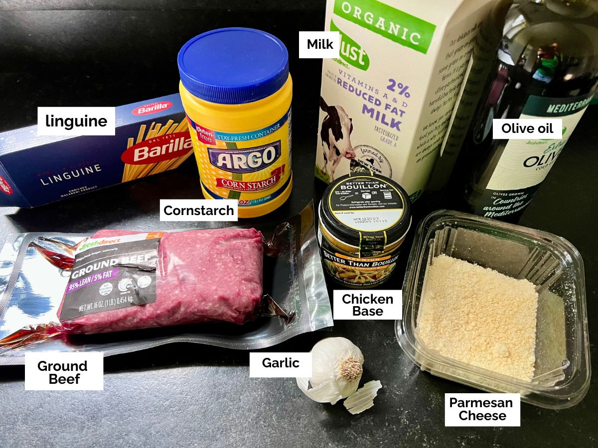 Ingredients shown are used to prepare Alfredo Ground Beef Pasta.
