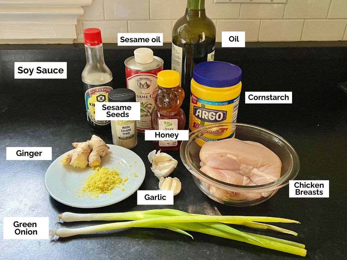 Ingredients shown are used to prepare Honey Ginger Chicken.
