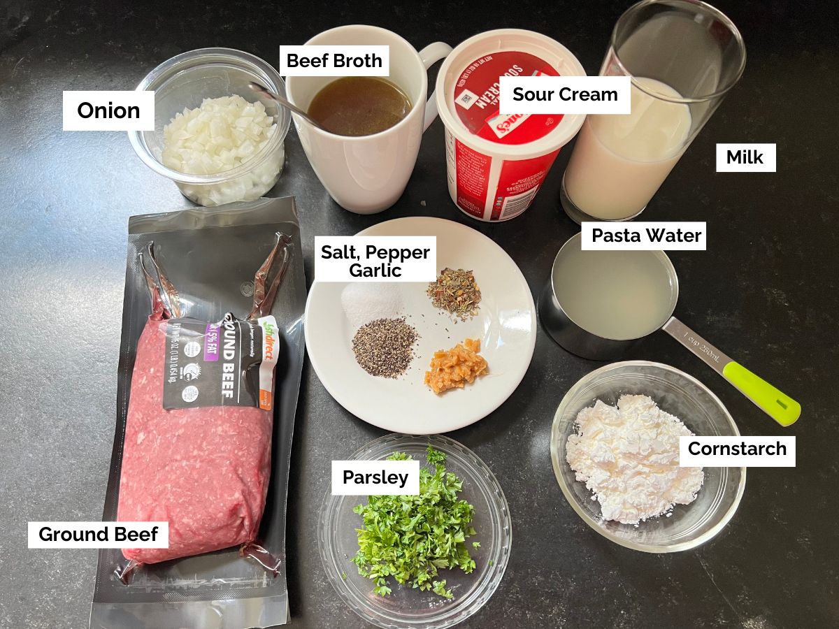 Ingredients shown are used to prepare Beef and Noodles with Ground Beef.