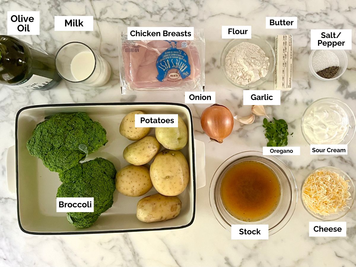 Ingredients shown are used to prepare chicken broccoli casserole.