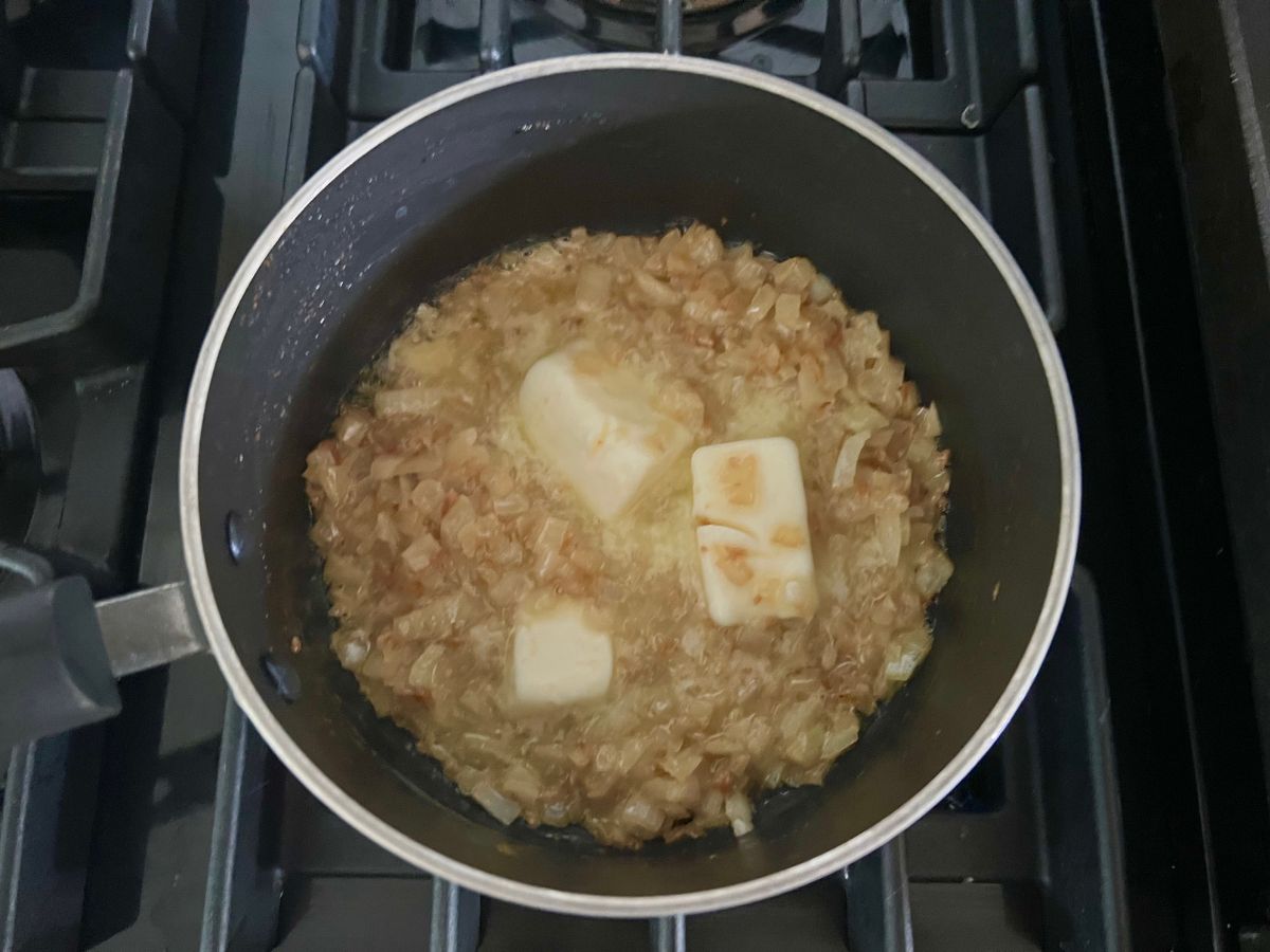 Butter and flour added to the onion mixture.