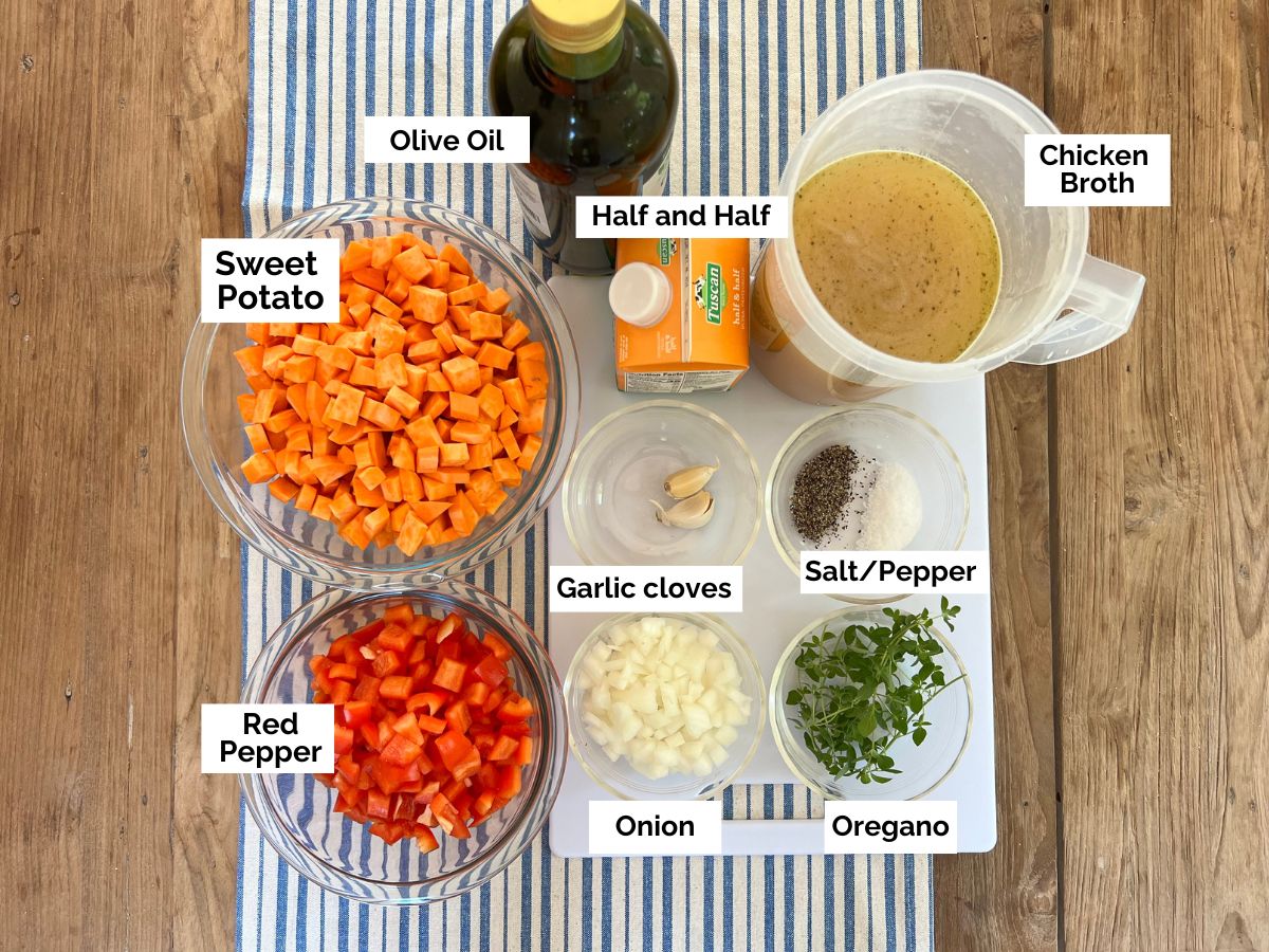 Ingredients shown are used to prepare sweet potato and red pepper soup.