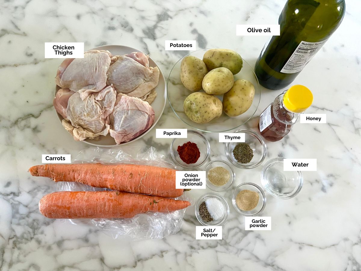 Ingredients shown are used to prepare tray baked chicken thighs.
