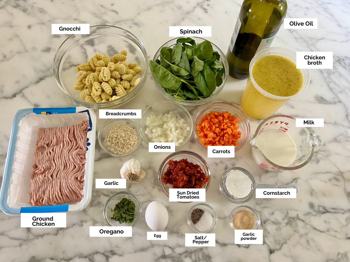 Ingredients shown are used to prepare Slow Cooker Tuscan Chicken Meatballs with Gnocchi