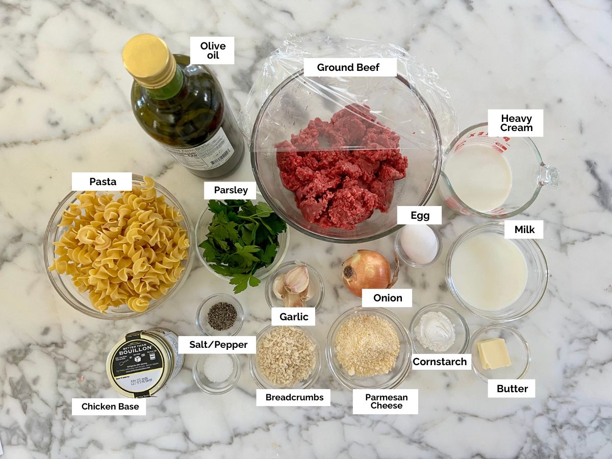 Ingredients shown are used to prepare Alfredo and Meatballs.
