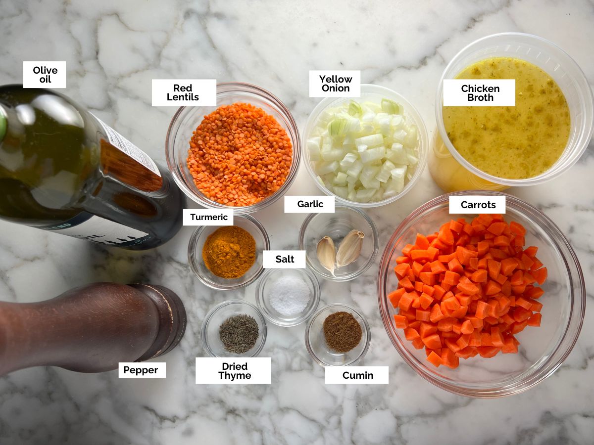 Ingredients shown are used to prepare Carrot lentil soup.