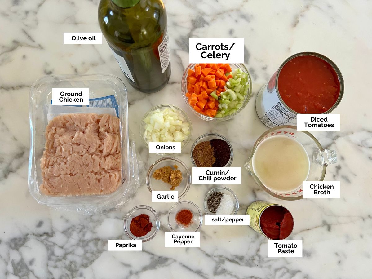 Ingredients shown are used to prepare chicken chili with ground chicken.