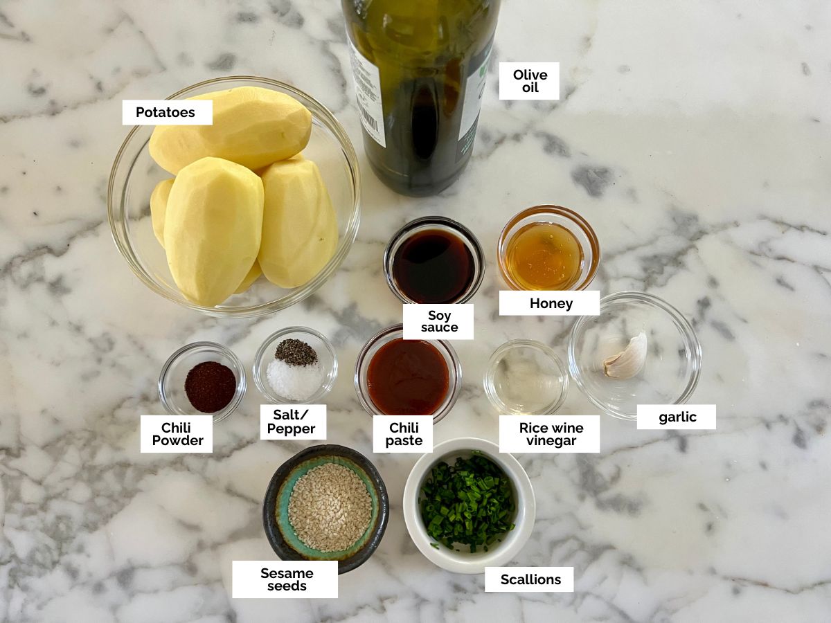 Ingredients shown are used to prepare honey chili potatoes.