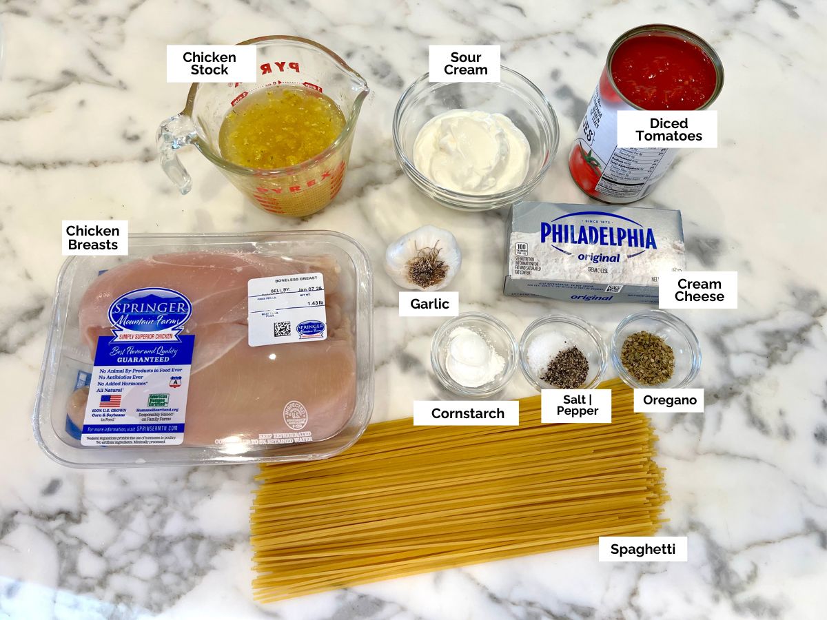 Ingredients shown are used to prepare Slow Cooker Chicken Spaghetti