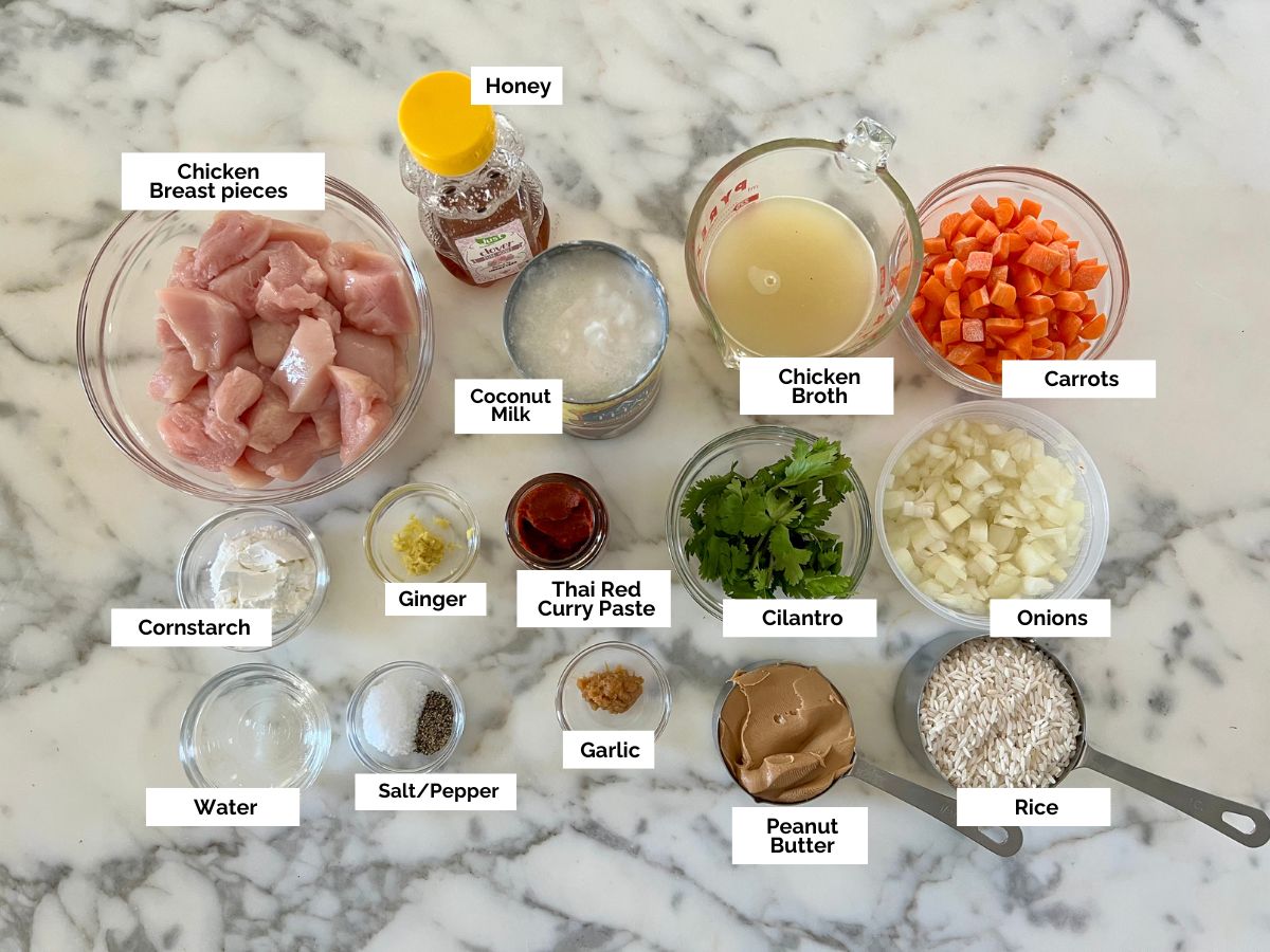 Ingredients shown are used to prepare Slow Cooker Satay Chicken.