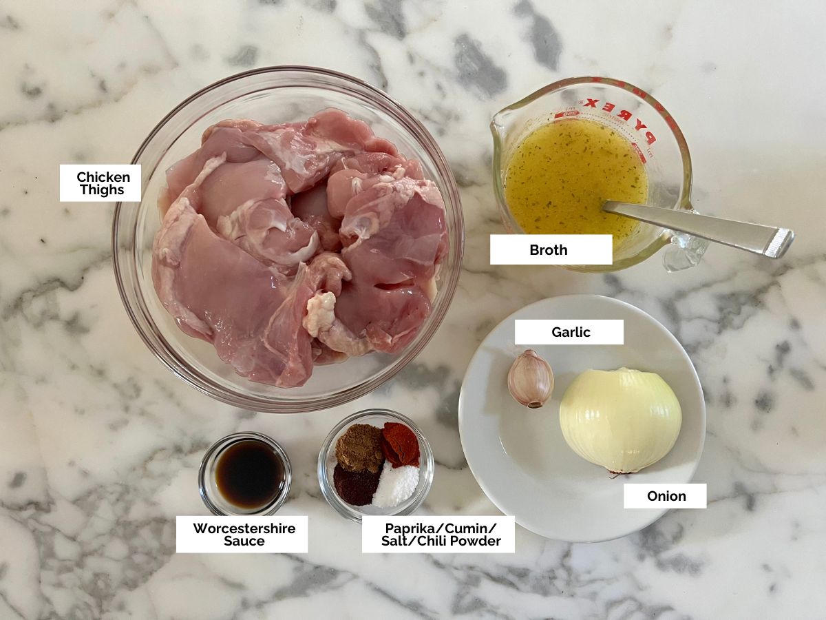 Ingredients shown are used to prepare Dutch oven pulled chicken.