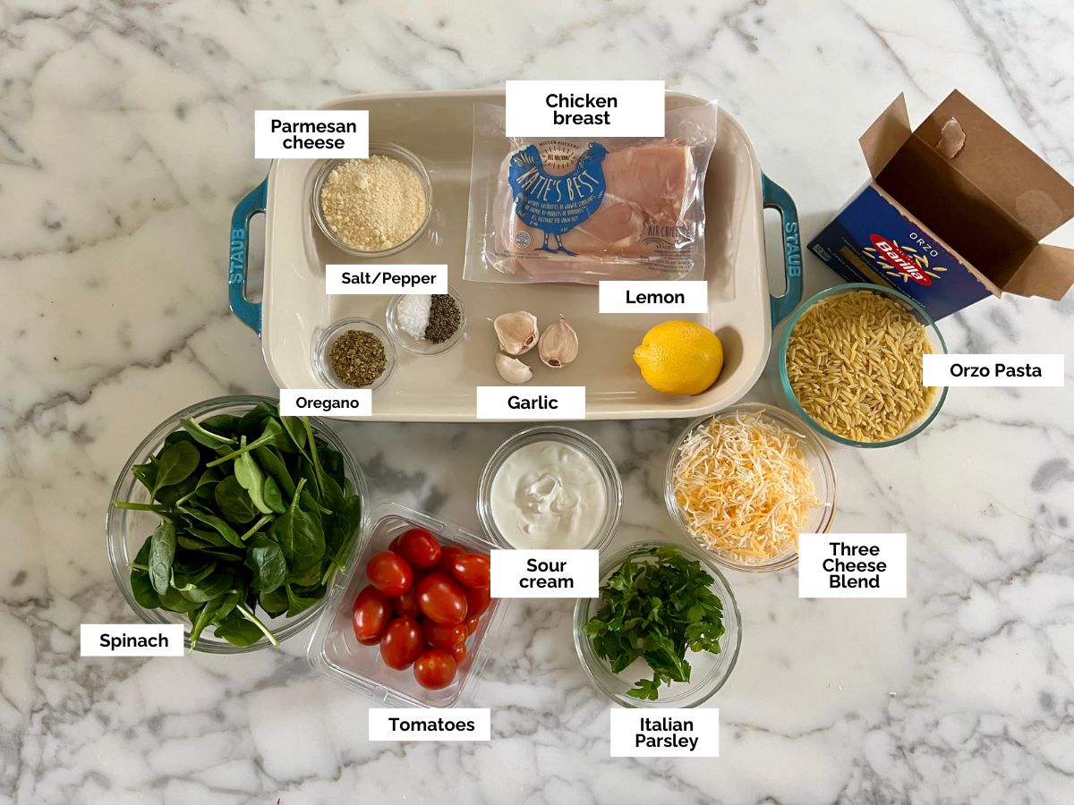 Ingredients shown are used to prepare Chicken Orzo Bake.