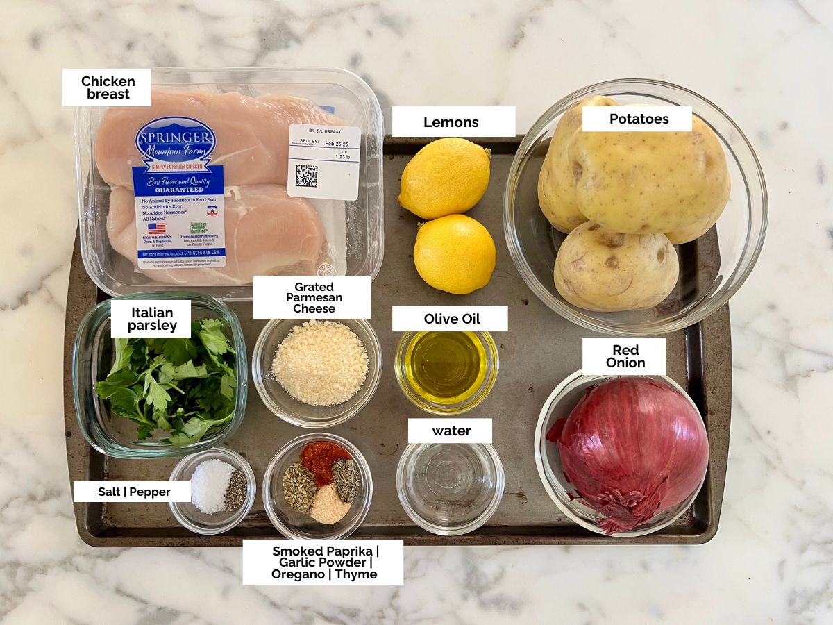 Ingredients shown are used to prepare Greek Chicken Potato dinner.