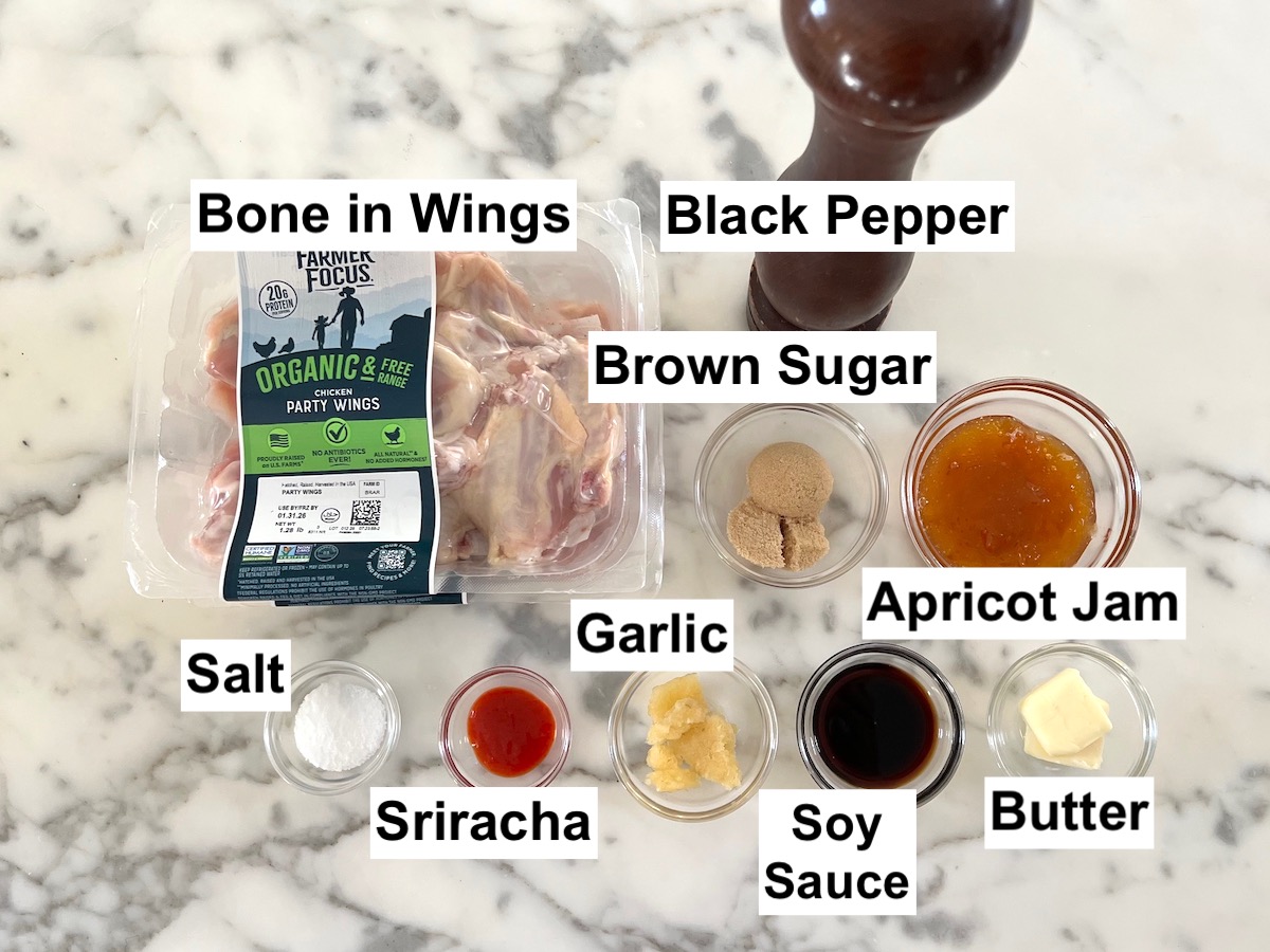 Ingredients prepped and measured out for the Apricot Sauce Wings recipe.