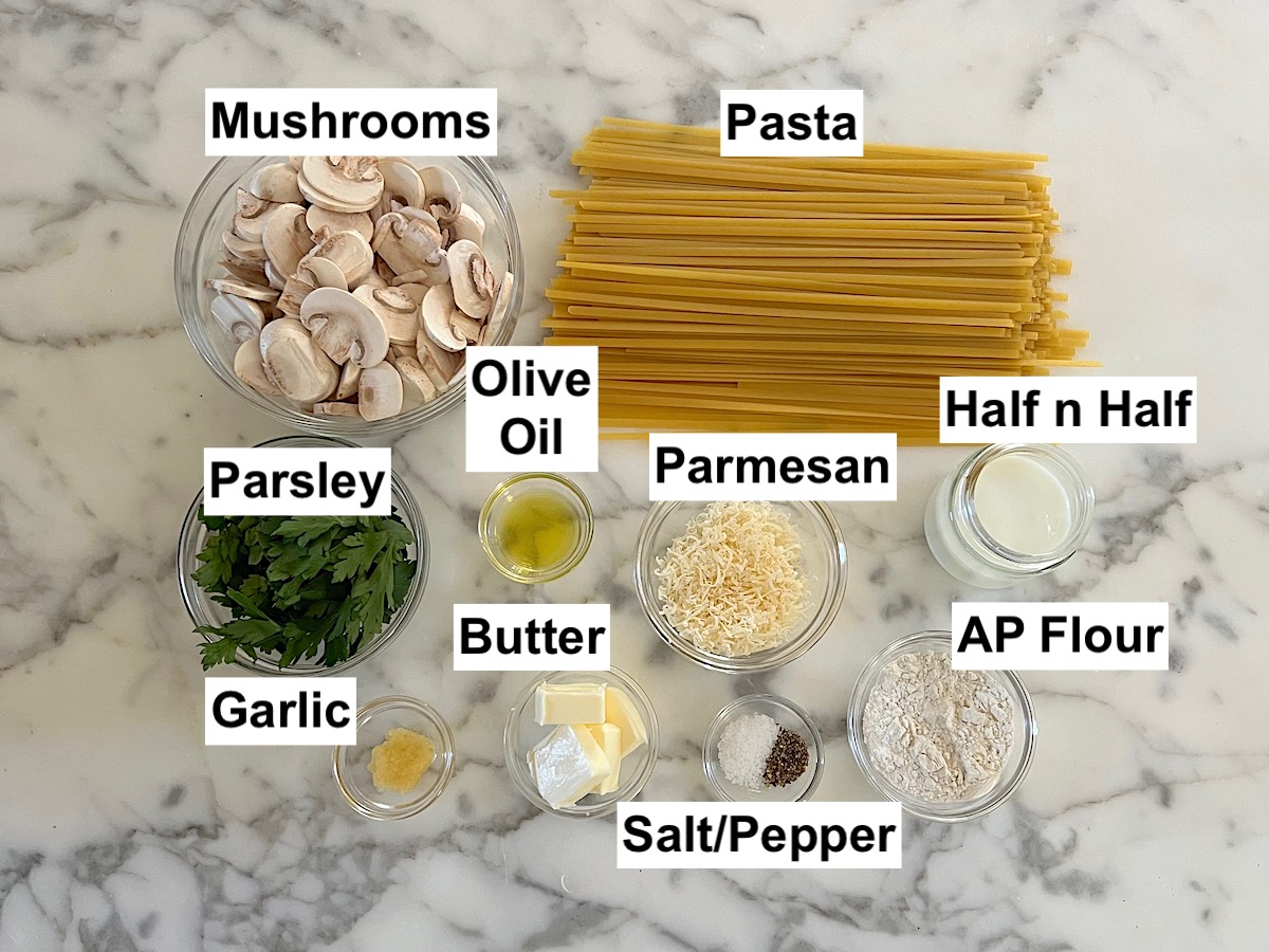 Ingredients prepped and measured out for Mushroom Alfredo Fettuccine pasta.